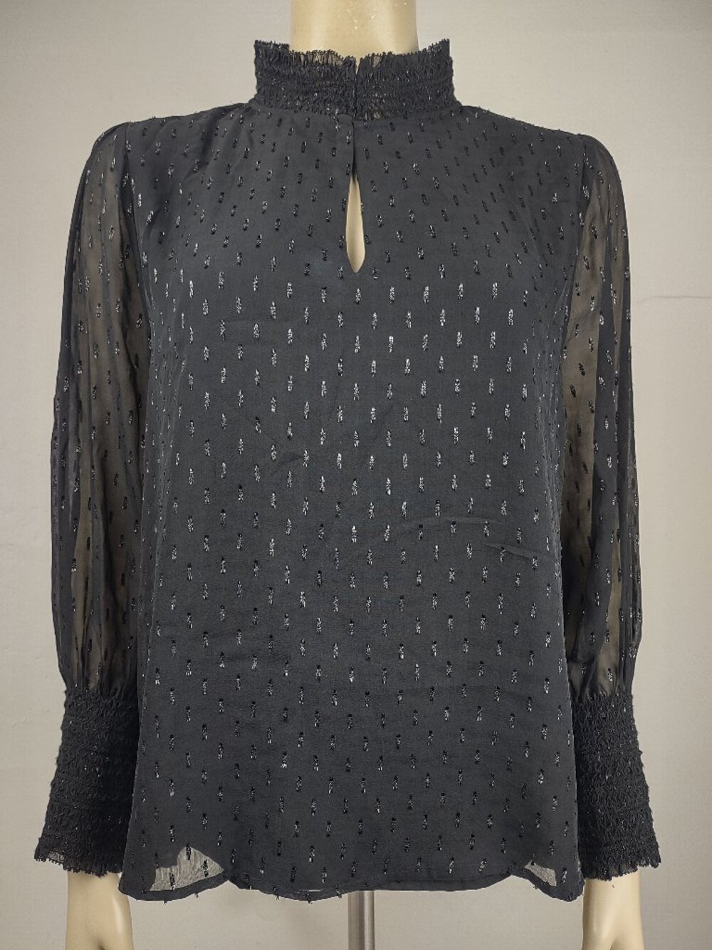Marie Oliver black silk metallic blend textured keyhole front blouse Medium